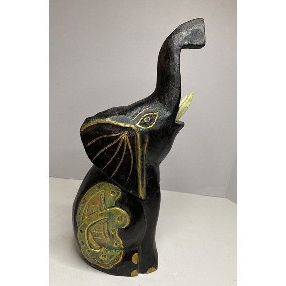 Hand Painted Carved Wooden Elephant Figurine Statue Rustic Hand Primitif Asian - Picture 13 of 13